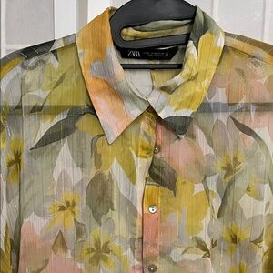 Zara Floral Sheer Metallic Design Sheer Shirt